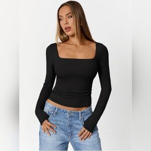 Trendy Queen Womens Double Lined Square Neck Long Sleeve Slim Fit Top